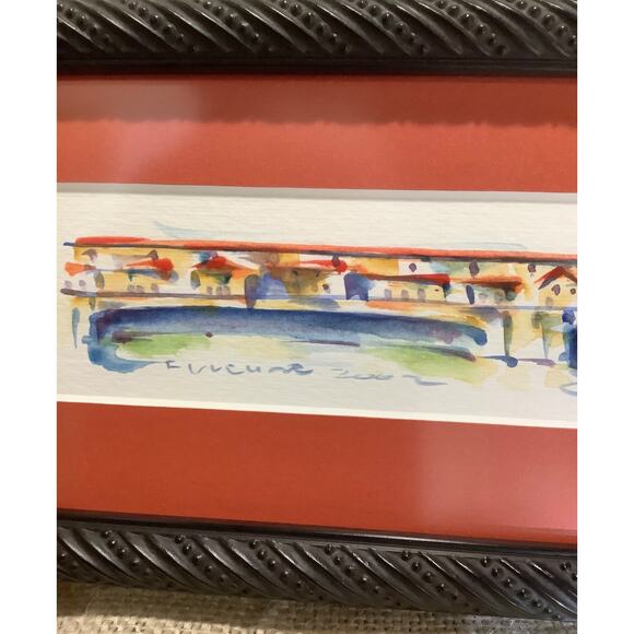 Nice small rectangle village town bridge watercolor painting signed by artist - Picture 3 of 7